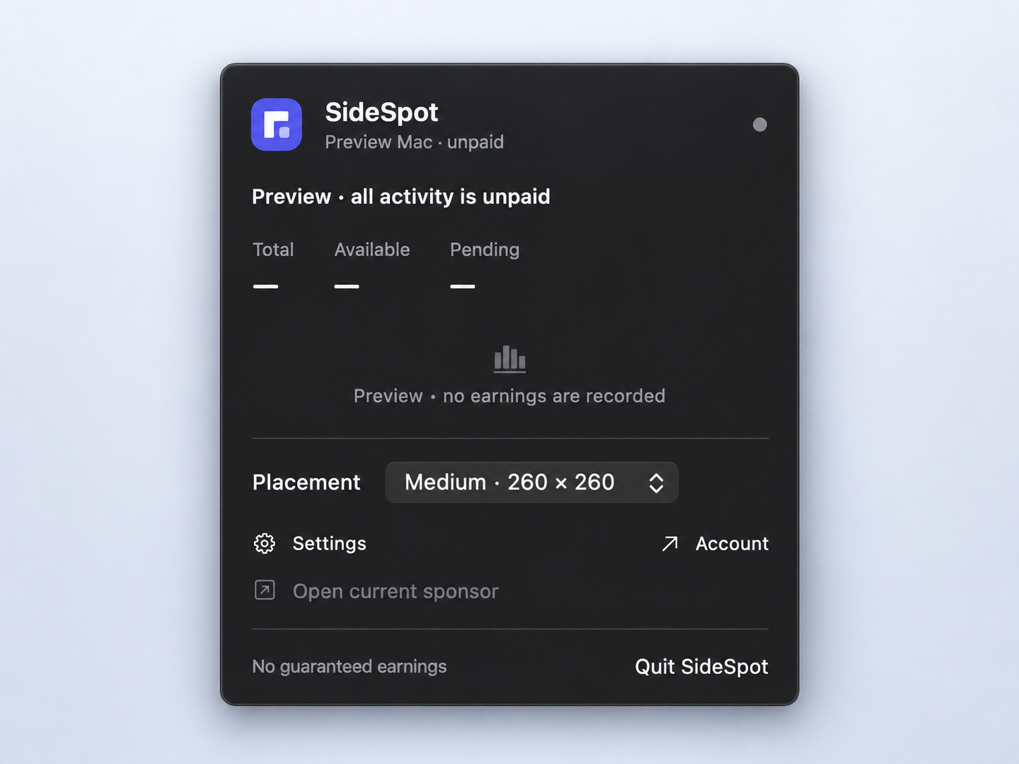 SideSpot app interface illustration with balance categories, placement size, and account controls