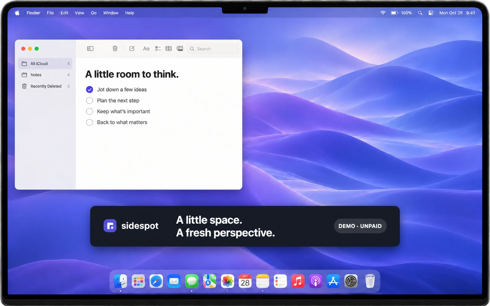 Illustrative Mac desktop showing a wide SideSpot sponsor banner