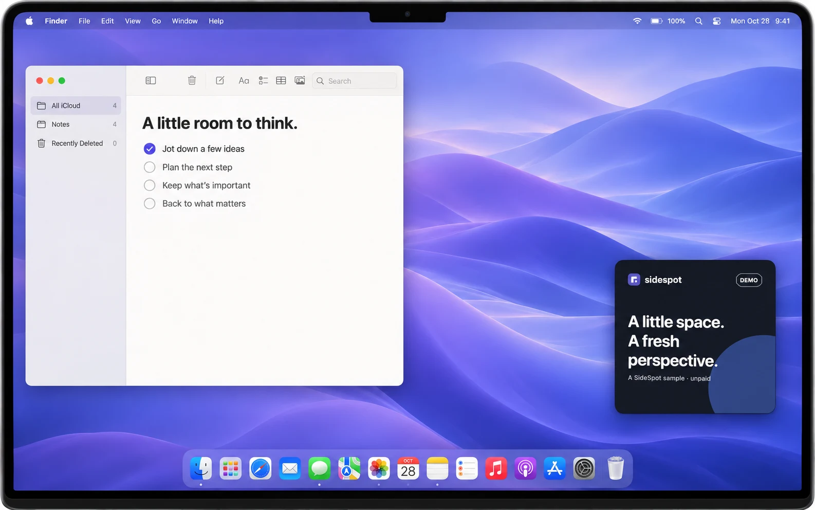 An illustrative Mac desktop with a Notes window and a floating SideSpot square ad