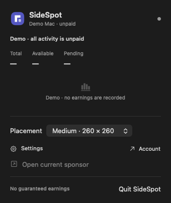 Actual SideSpot menu-bar popover with illustrative balances, placement sizes, and app controls