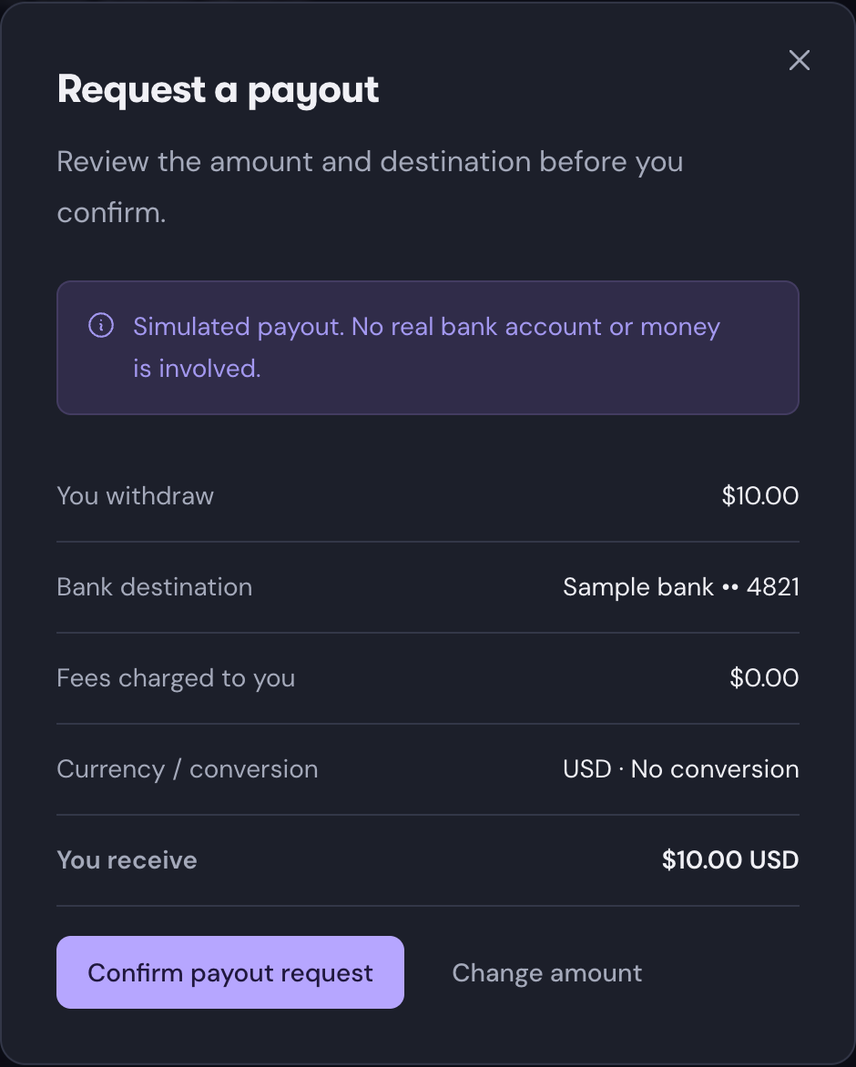 Desktop payout review showing an illustrative $10 withdrawal, bank destination, zero user fee, and $10 received in USD
