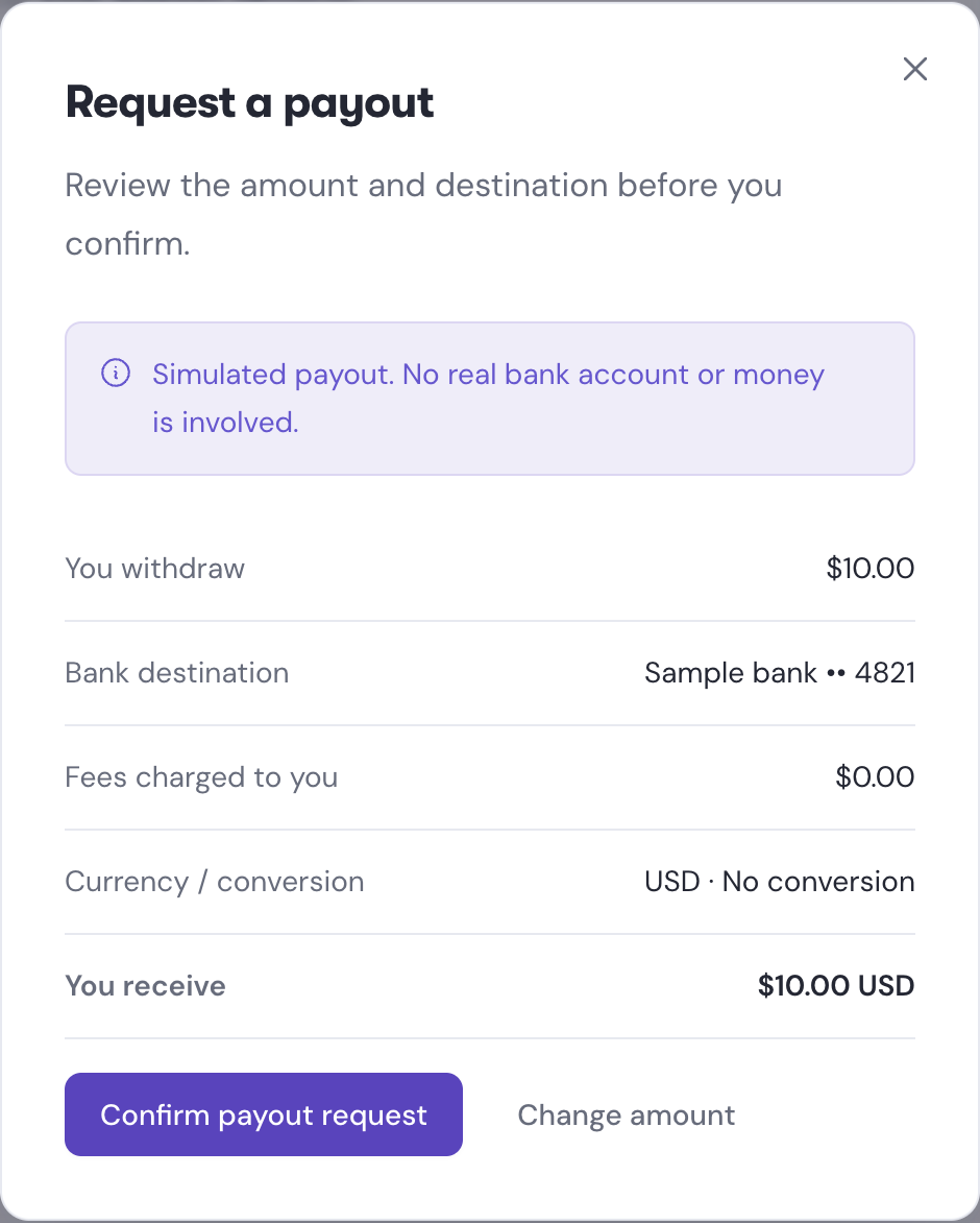 Desktop payout review showing an illustrative $10 withdrawal, bank destination, zero user fee, and $10 received in USD